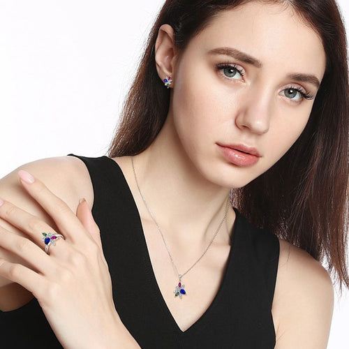 Color Jewelry Natural Amethyst Peridot Topaz 925 Sterling Silver Necklace Earrings Ring Set